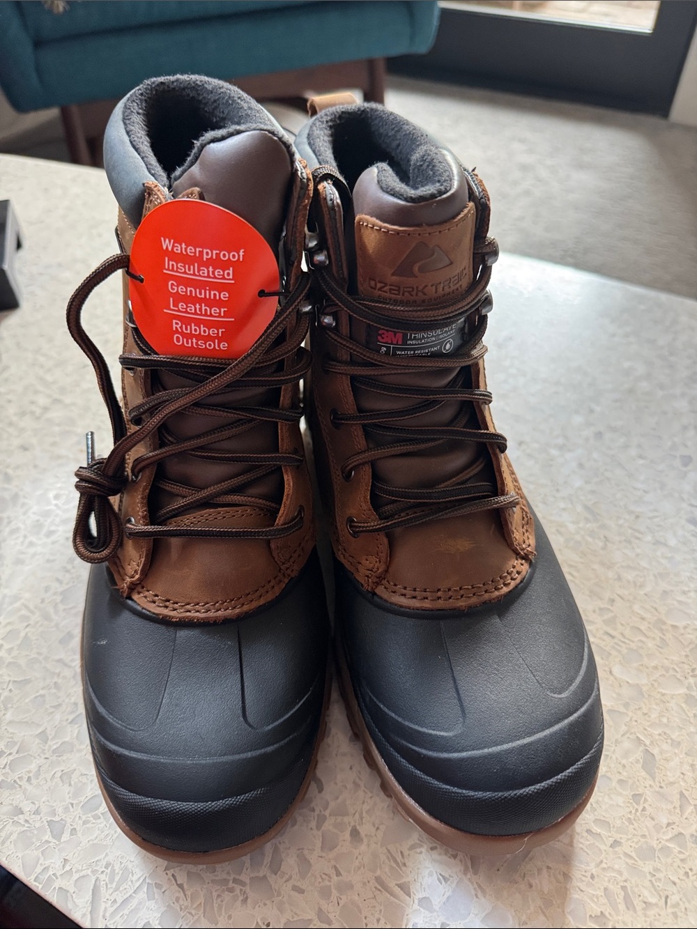 Ozark Trail Brown and Black Leather Waterproof Insulated Men's Snow Boots
